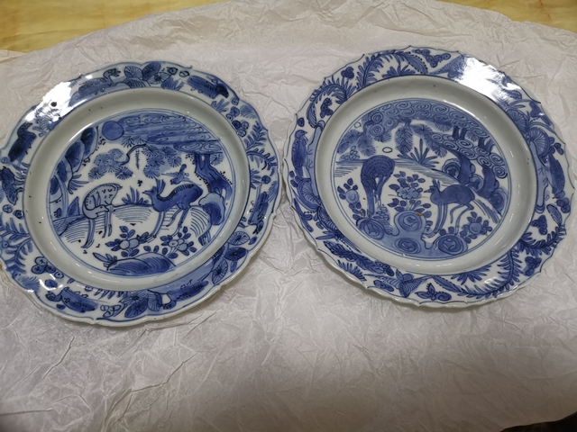 古玩陶瓷萬歷青花喜鹿封侯紋花口盤拍賣，當前價格9000元