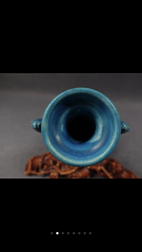 古玩陶瓷孔雀藍釉雙魚耳盤口瓶拍賣，當前價格6800元