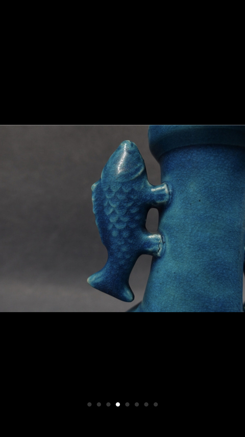 古玩陶瓷孔雀藍釉雙魚耳盤口瓶拍賣，當前價格6800元