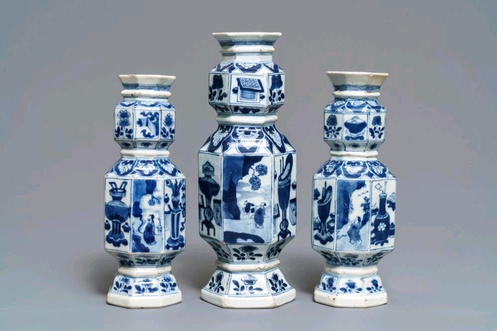 古玩陶瓷清康熙青花山水外銷類六方瓶拍賣，當前價格5000元