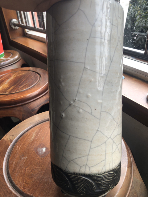 古玩陶瓷哥釉***海水描金雙龍戲珠紋帽筒拍賣，當前價格8000元