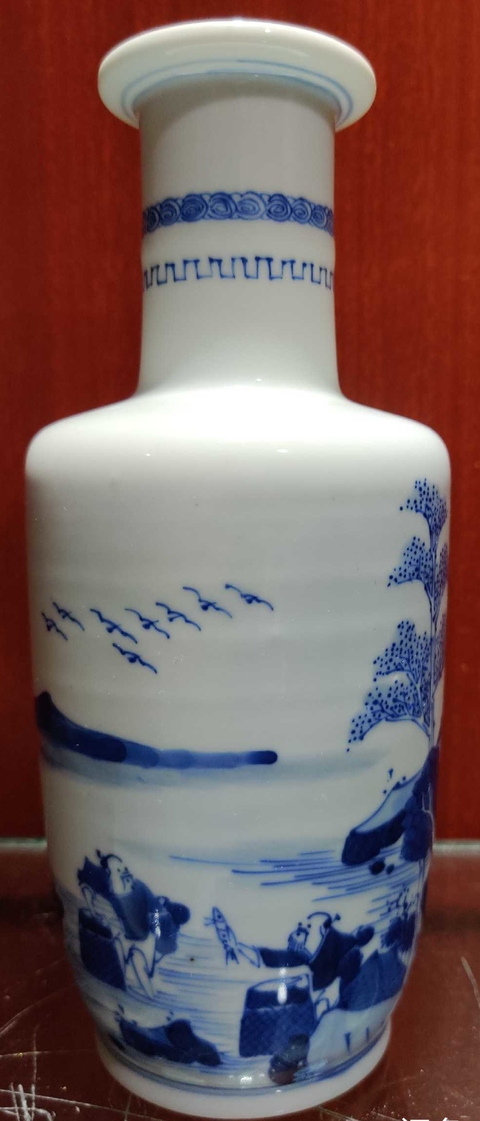 古玩陶瓷康熙青花漁家樂圖棒槌瓶拍賣，當前價格3000元