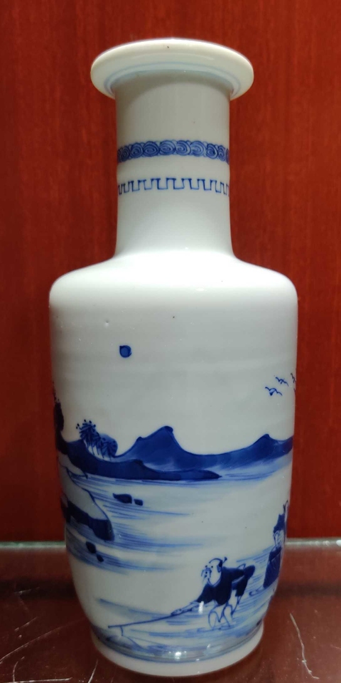 古玩陶瓷康熙青花漁家樂圖棒槌瓶拍賣，當前價格3000元