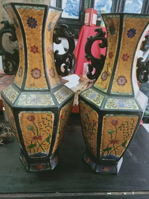 古玩雜項近代制作銅胎琺瑯彩對瓶真品鑒賞圖