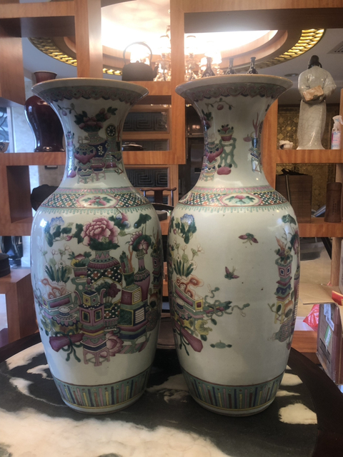 古玩陶瓷清光緒粉彩清供博古插花紋膽式瓶拍賣，當前價格12500元