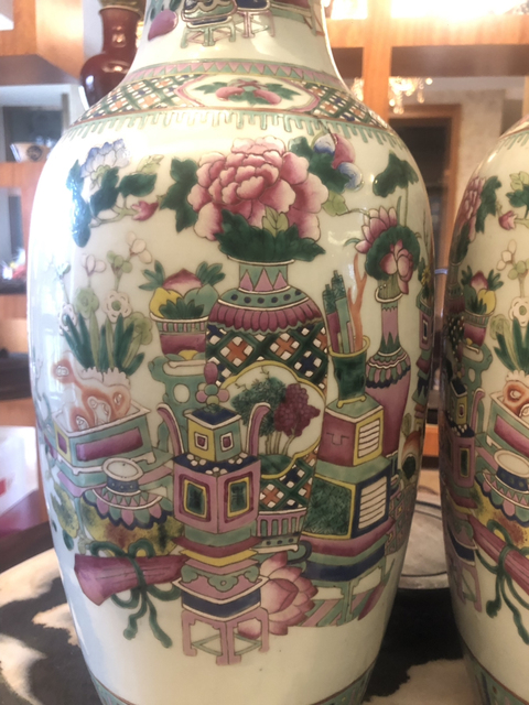 古玩陶瓷清光緒粉彩清供博古插花紋膽式瓶拍賣，當前價格12500元