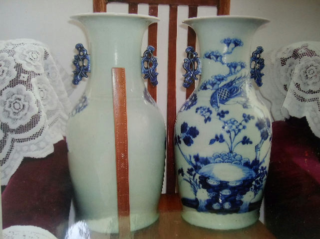 古玩陶瓷豆青釉青花花鳥花卉雙耳瓶拍賣，當前價格7800元