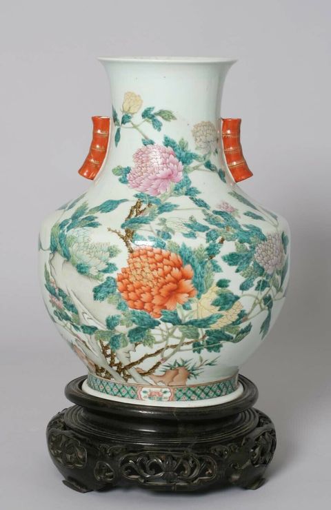 古玩陶瓷粉彩花鳥紋雙耳尊拍賣，當前價格12345678元