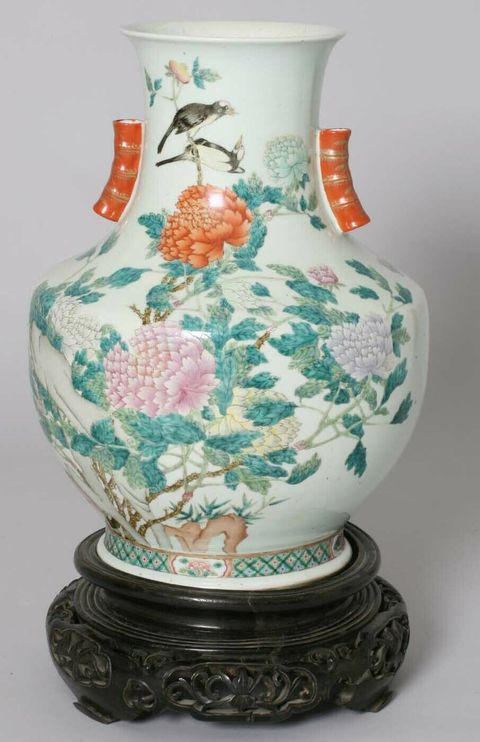古玩陶瓷粉彩花鳥紋雙耳尊拍賣，當前價格12345678元