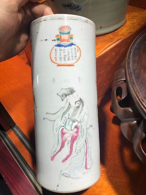 古玩陶瓷清晚期風格粉彩無雙譜人物紋帽筒拍賣，當前價格10800元