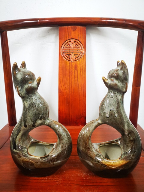 古玩陶瓷解放初 窯變釉狐貍瓷塑一對拍賣，當前價格220元