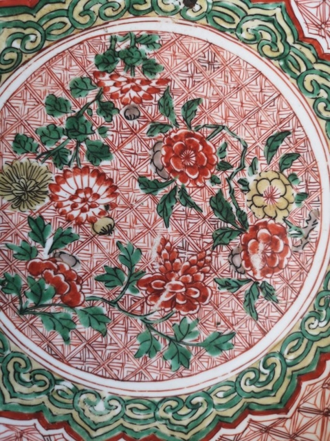 古玩陶瓷清康熙五彩錦地花卉紋大盤拍賣，當前價格14800元