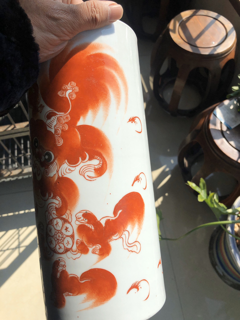 古玩陶瓷礬紅太師少師紋帽筒拍賣，當前價格11680元