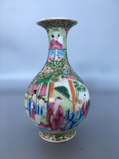 古玩陶瓷晚清?廣彩人物紋玉壺春瓶拍賣，當前價格650元