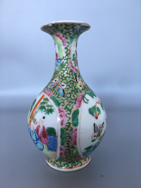 古玩陶瓷晚清?廣彩人物紋玉壺春瓶拍賣，當前價格650元