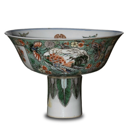 古玩陶瓷五彩開光花鳥紋高足杯拍賣，當前價格3500元