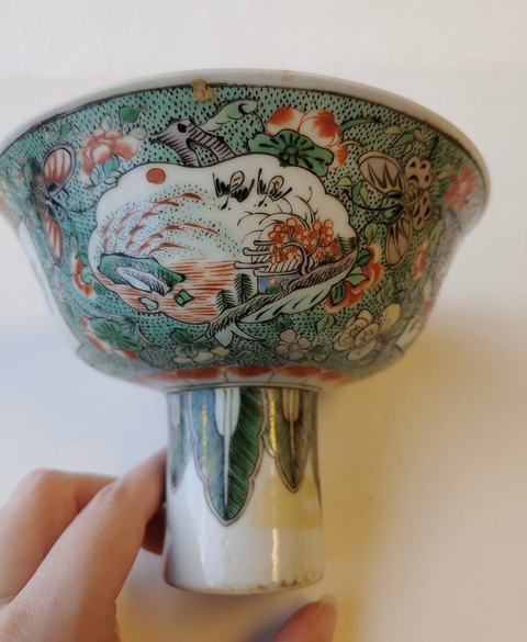 古玩陶瓷五彩開光花鳥紋高足杯拍賣，當前價格3500元