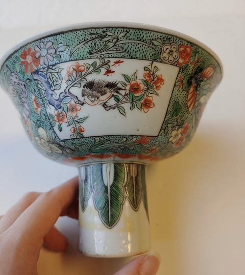 古玩陶瓷五彩開光花鳥紋高足杯拍賣，當前價格3500元
