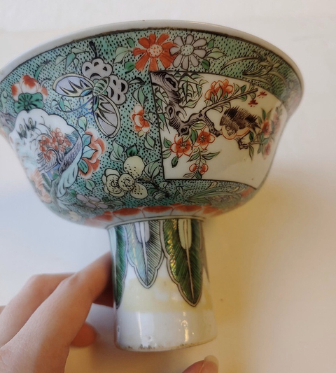 古玩陶瓷五彩開光花鳥紋高足杯拍賣，當前價格3500元