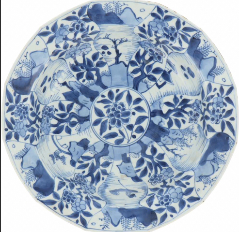 古玩陶瓷青花花卉山水紋折腰盤拍賣，當前價格9600元