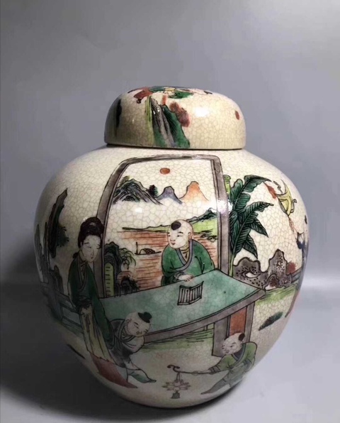 古玩陶瓷哥釉地五彩人物蓋罐拍賣，當前價格10800元