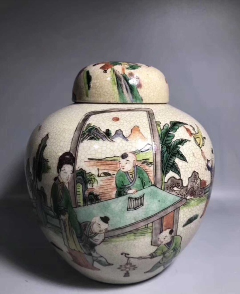 古玩陶瓷哥釉地五彩人物蓋罐拍賣，當前價格10800元