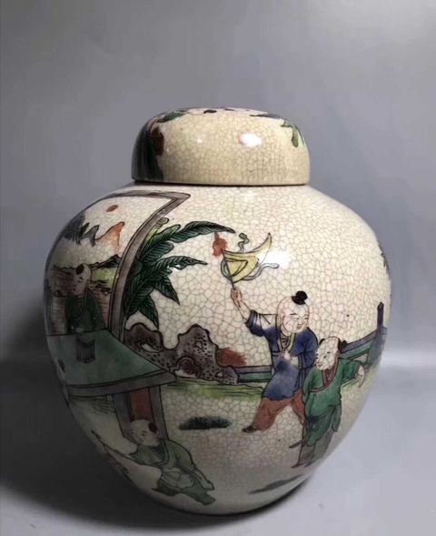 古玩陶瓷哥釉地五彩人物蓋罐拍賣，當前價格10800元