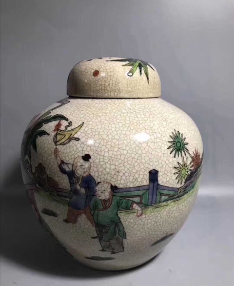 古玩陶瓷哥釉地五彩人物蓋罐拍賣，當前價格10800元