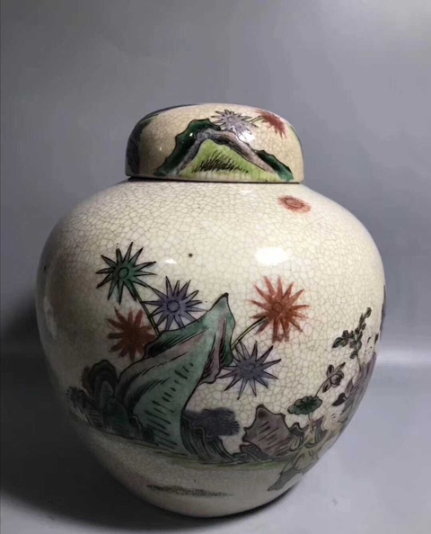古玩陶瓷哥釉地五彩人物蓋罐拍賣，當前價格10800元