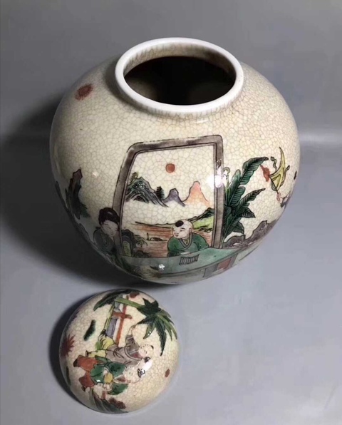 古玩陶瓷哥釉地五彩人物蓋罐拍賣，當前價格10800元