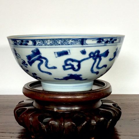 古玩陶瓷青花博古插花紋紋碗拍賣，當前價格11400元