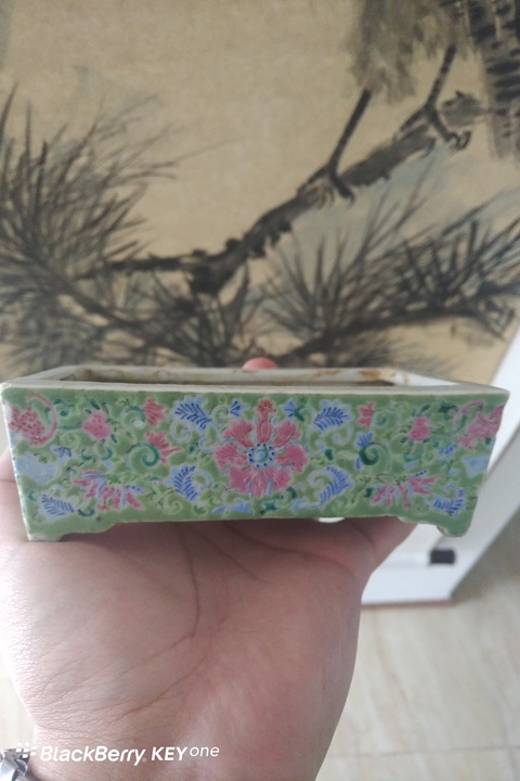 古玩陶瓷綠地粉彩花卉紋水仙盆拍賣，當前價格8800元