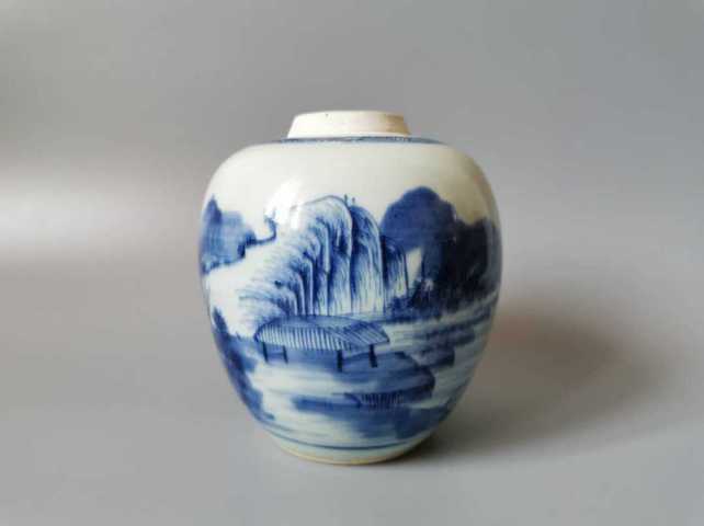 古玩陶瓷清雍正青花山水人物垂釣紋砂口罐拍賣，當(dāng)前價格9400元