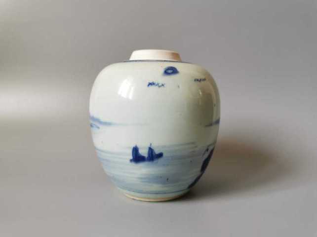 古玩陶瓷清雍正青花山水人物垂釣紋砂口罐拍賣，當(dāng)前價格9400元