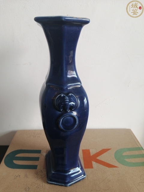 古玩陶瓷清乾隆霽藍釉描金竹紋蝠耳銜環六方瓶拍賣，當前價格4700元