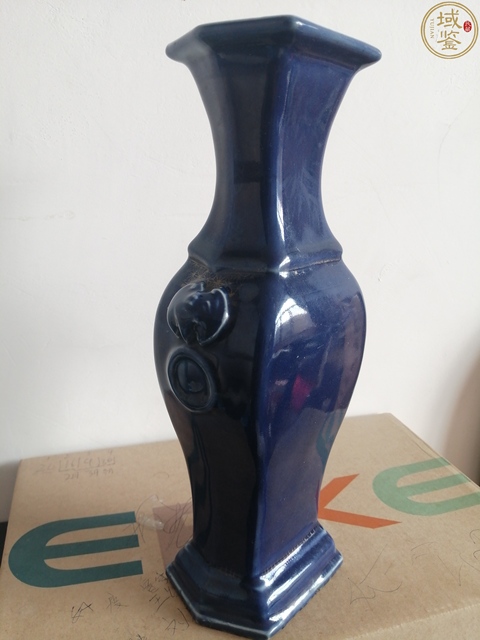 古玩陶瓷清乾隆霽藍釉描金竹紋蝠耳銜環六方瓶拍賣，當前價格4700元