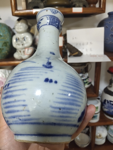 古玩陶瓷青花山水紋鼓頸瓶拍賣，當前價格13500元