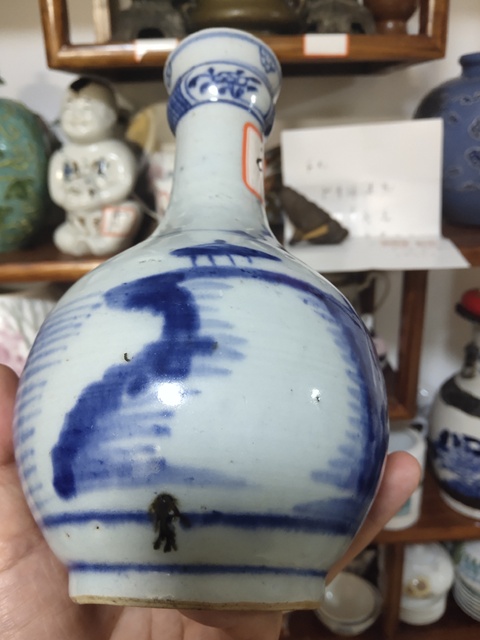 古玩陶瓷青花山水紋鼓頸瓶拍賣，當前價格13500元