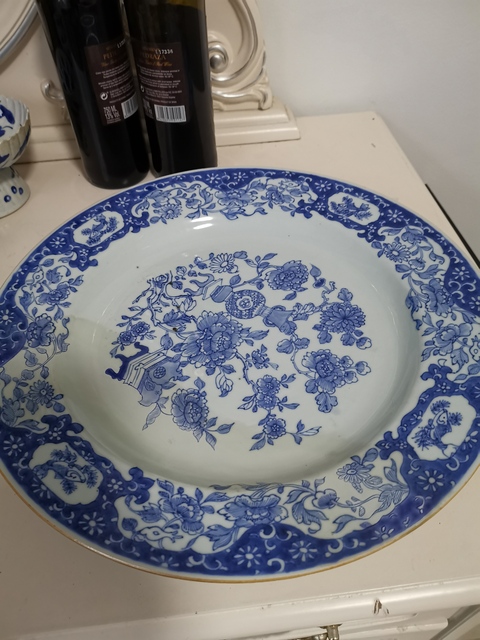 古玩陶瓷清雍正青花清供花卉魚藻紋折沿大盤拍賣，當前價格8800元
