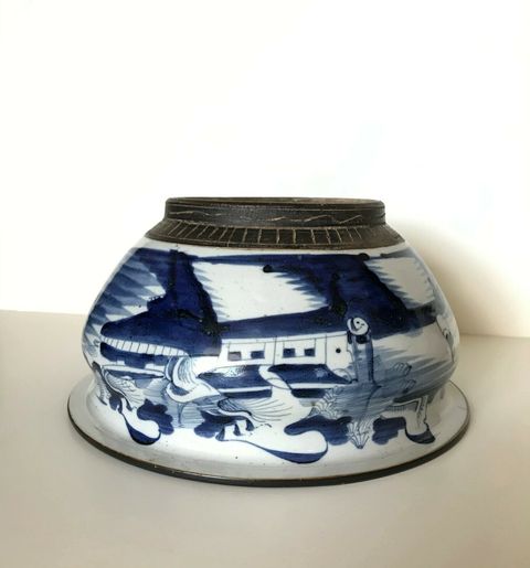 古玩陶瓷青花鐵銹紅工藝山水廳閣紋香爐拍賣，當前價格8000元