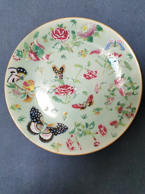 古玩陶瓷豆青釉廣彩蝶戀花紋大盤拍賣，當前價格10000元