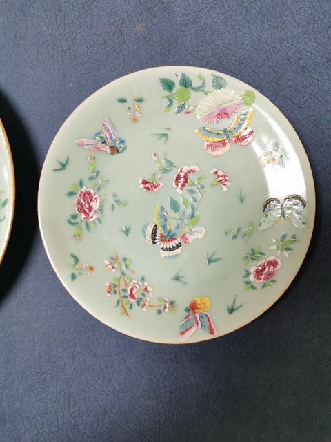 古玩陶瓷豆青釉廣彩蝶戀花紋大盤拍賣，當前價格10000元