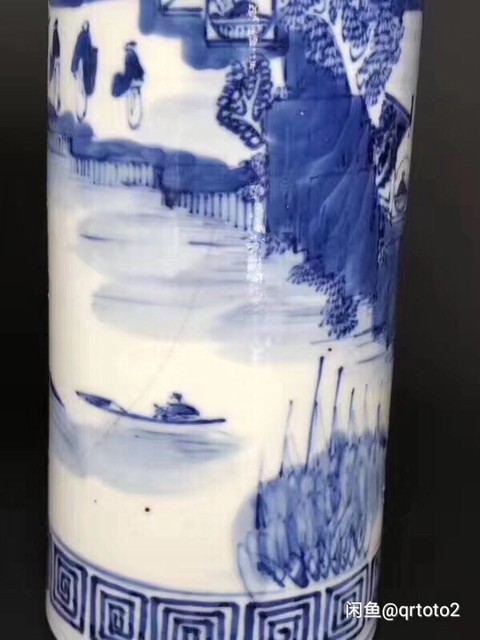 古玩陶瓷光緒青花山水人物紋筒瓶拍賣，當前價格8600元