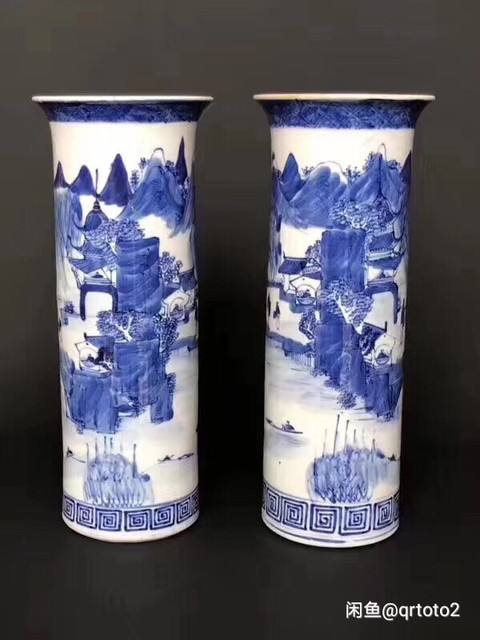 古玩陶瓷光緒青花山水人物紋筒瓶拍賣，當前價格8600元