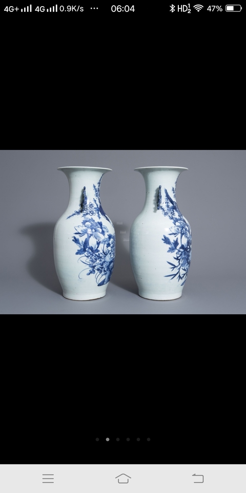 古玩陶瓷豆青釉青花花鳥紋雙耳大瓶拍賣,當前價格12000元