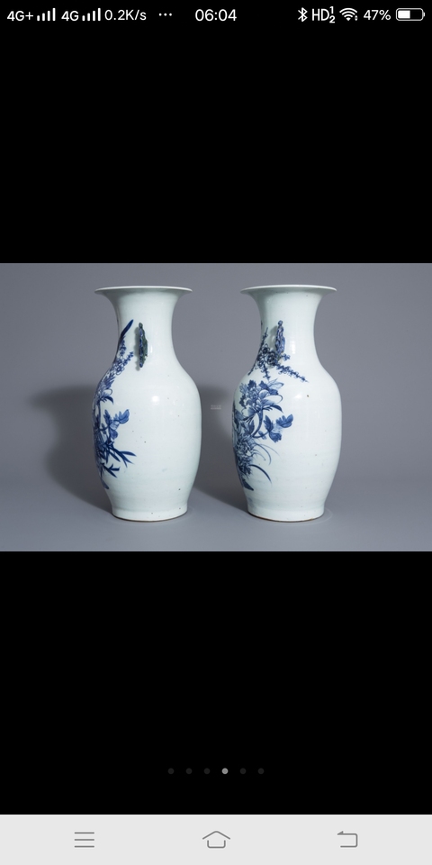 古玩陶瓷豆青釉青花花鳥紋雙耳大瓶拍賣,當前價格12000元