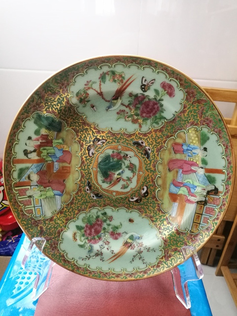 古玩陶瓷廣彩豆青釉折腰盤拍賣，當前價格2888元