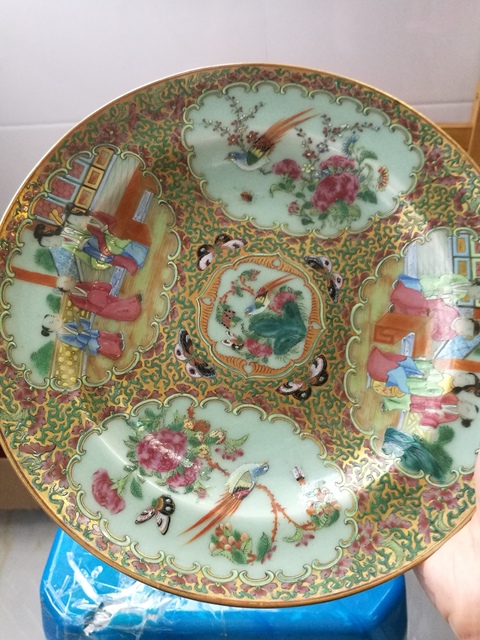 古玩陶瓷廣彩豆青釉折腰盤拍賣，當前價格2888元