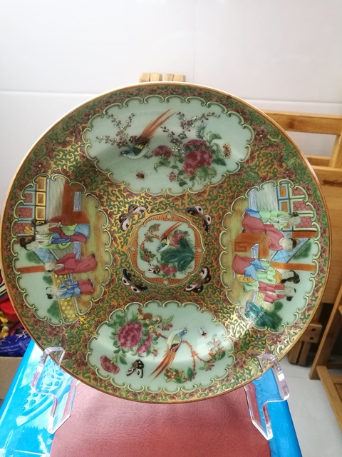 古玩陶瓷廣彩豆青釉折腰盤拍賣，當前價格2888元