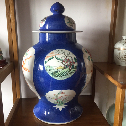 古玩陶瓷清光緒灑藍釉開光粉彩博古清供花鳥紋將軍蓋拍賣，當前價格38000元